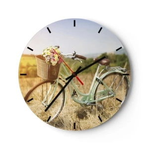 Orologio da parete - Orologio in Vetro - Una bicicletta con un cestino pieno di fiori in un campo in una giornata di sole - 30x30cm - Resto qui un attimo - Decorazione murale moderna per soggiorno, cucina e camera da letto ARTTOR