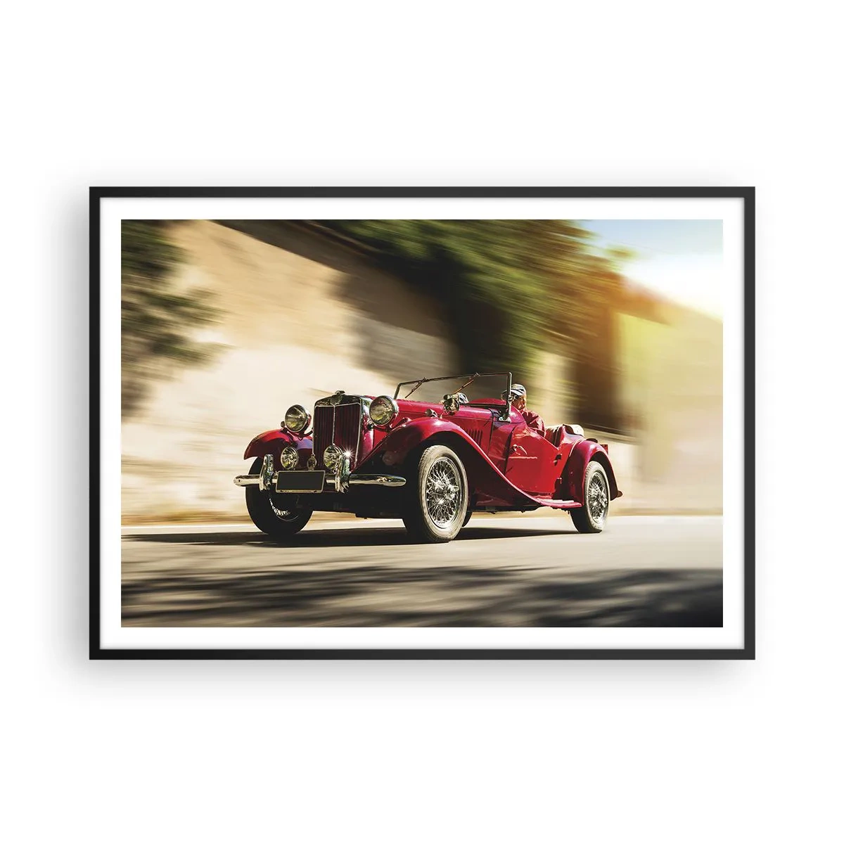 Poster in cornice nera - Auto d'epoca rossa in movimento su una strada soleggiata - 100x70cm - Più bella della Nike di Samotracia - Decorazione murale moderna per soggiorno e camera da letto ARTTOR