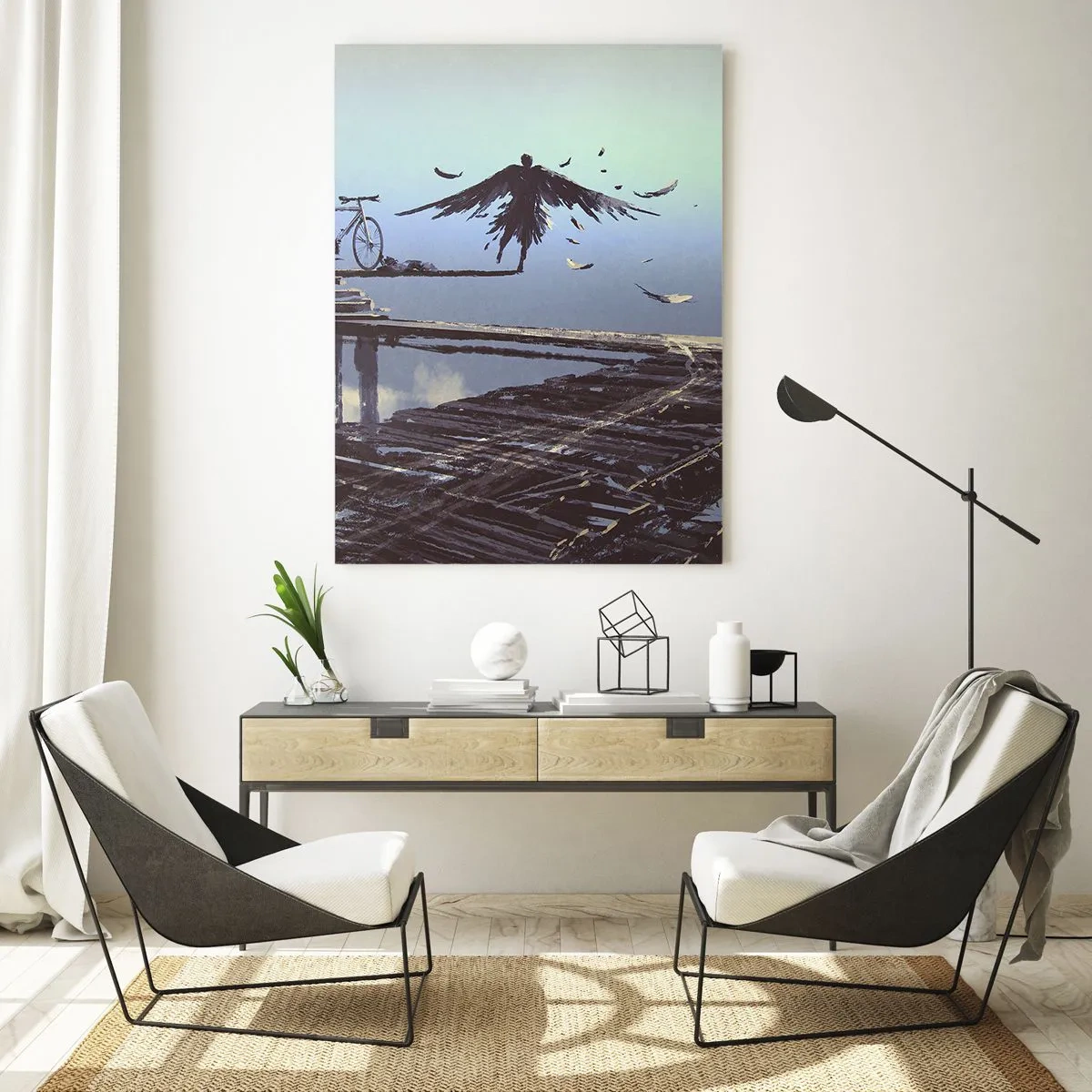 Quadro su vetro - Una figura con le piume volteggia su un ponte di legno accanto a una bicicletta. - 70x100cm - Icaro è sempre vivo - Decorazione murale moderna per soggiorno e camera da letto ARTTOR
