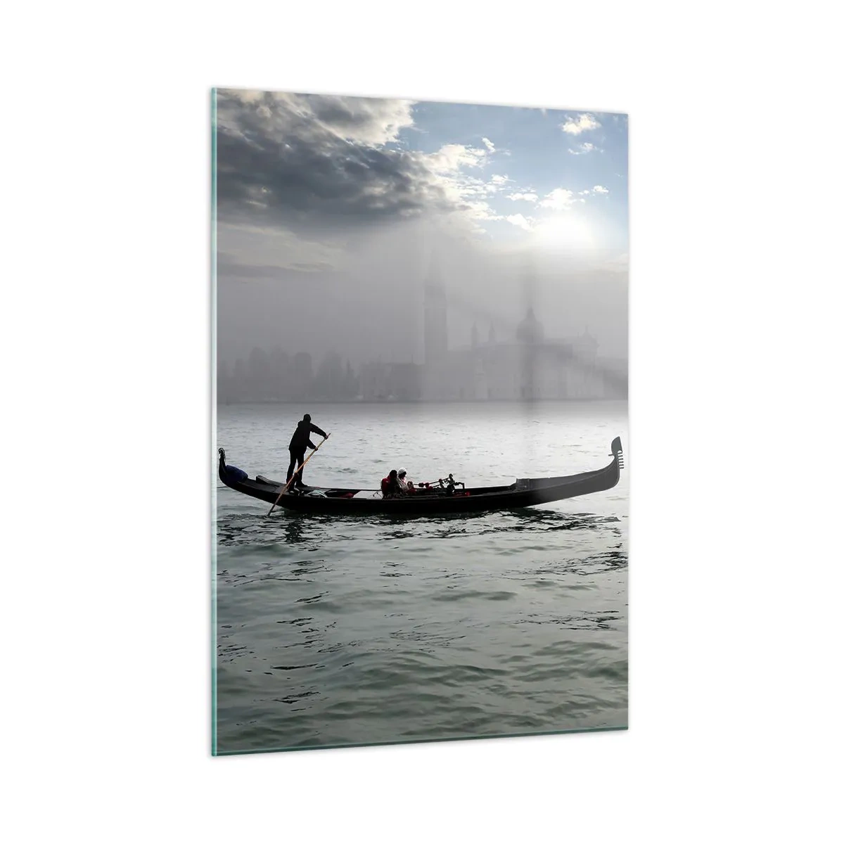 Quadro su vetro - Gondola sulle acque di Venezia in una mattina nebbiosa - 50x70cm - Città magica di acqua e nebbia - Decorazione murale moderna per soggiorno e camera da letto ARTTOR