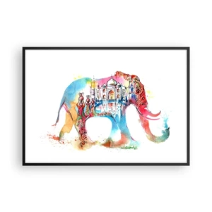 Poster in cornice nera - Dipinto ad acquerello colorato di un elefante con un motivo del Taj Mahal - 100x70cm - India: aura d'amore - Decorazione murale moderna per soggiorno e camera da letto ARTTOR