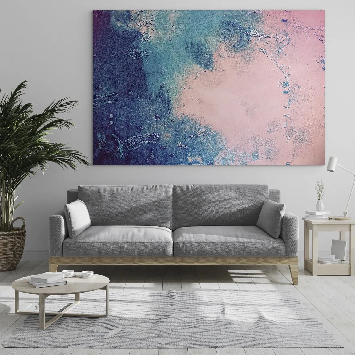 Quadro su vetro - Una combinazione astratta di blu e rosa cipria con texture - 120x80cm - Abbracci nel blu - Decorazione murale moderna per soggiorno e camera da letto ARTTOR