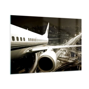 Quadro su vetro - Un aereo sopra la città di notte con un'atmosfera industriale - 100x70cm - Volare di notte - Decorazione murale moderna per soggiorno e camera da letto ARTTOR