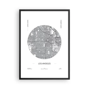 Poster in cornice nera - Una mappa minimalista di Los Angeles in bianco e nero. - 50x70cm - Anatomia di Los Angeles - Decorazione murale moderna per soggiorno e camera da letto ARTTOR
