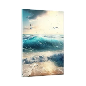 Quadro su vetro - Onde del mare sulla spiaggia sotto un cielo azzurro con gabbiani - 80x120cm - Mormora solo per te - Decorazione murale moderna per soggiorno e camera da letto ARTTOR
