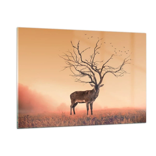 Quadro su vetro - Illustrazione di un cervo con un albero come corna - 120x80cm - L'Antico Cervo, eterno spirito del bosco - Decorazione murale moderna per soggiorno e camera da letto ARTTOR