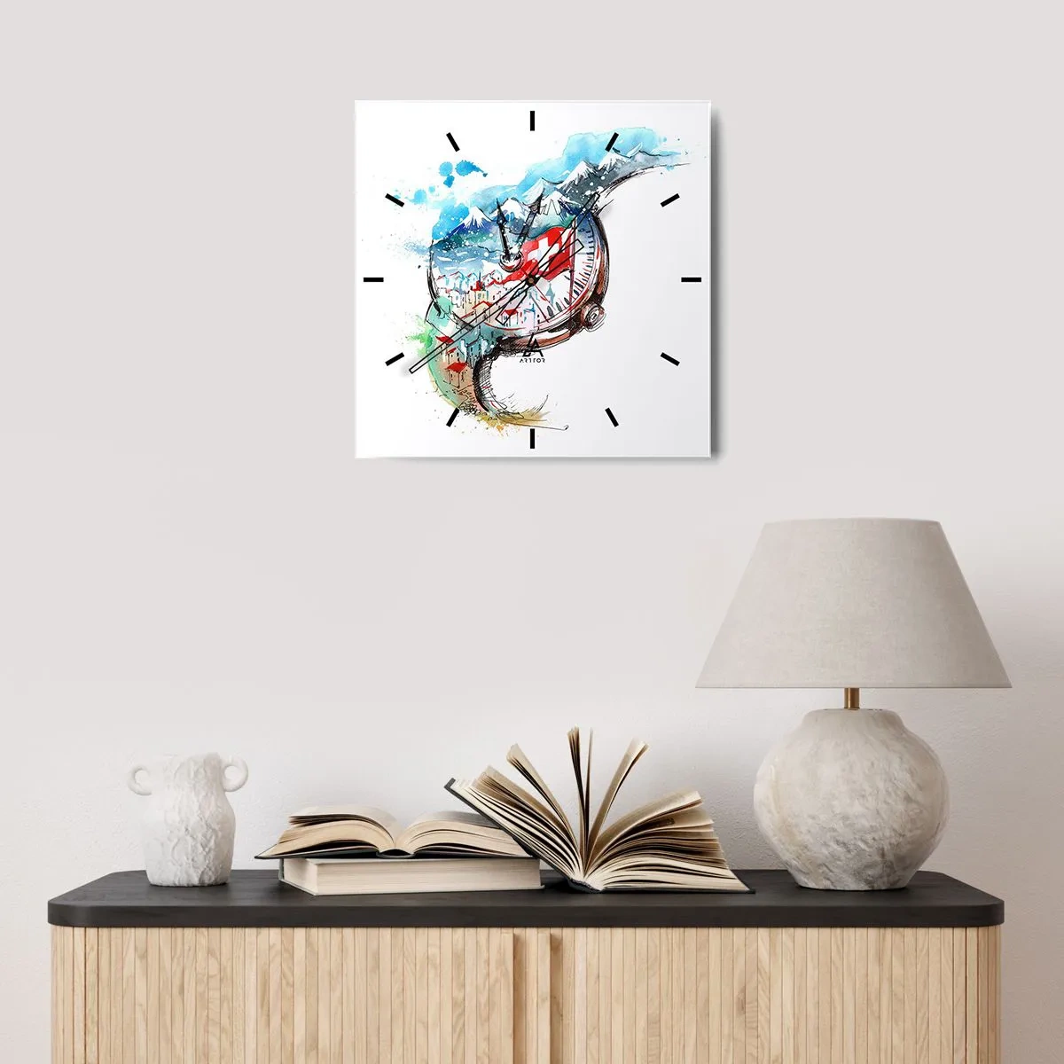 Orologio da parete - Orologio in Vetro - Un paesaggio ad acquerello della Svizzera in un design a orologeria - 30x30cm - Lo spirito della Svizzera - Decorazione murale moderna per soggiorno e camera da letto ARTTOR