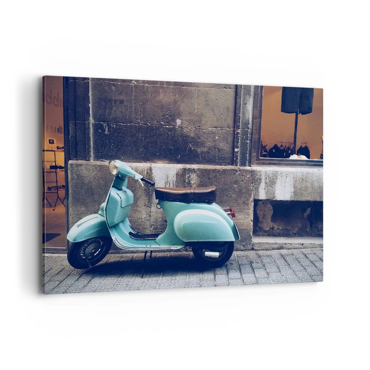 Quadro su tela - Stampe su Tela - Uno scooter retrò parcheggiato contro un muro di pietra - 120x80cm - Atmosfera indimenticabile - Decorazione murale moderna per soggiorno e camera da letto ARTTOR
