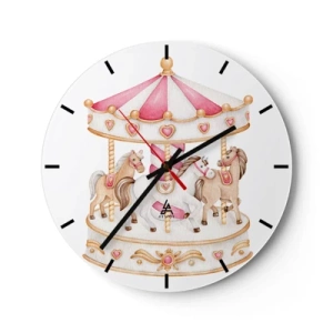 Orologio da parete - Orologio in Vetro - Giostra rosa e crema con cavalli su sfondo bianco - 30x30cm - Il dolce mondo dell'infanzia - Decorazione murale moderna per soggiorno, cucina e camera da letto ARTTOR