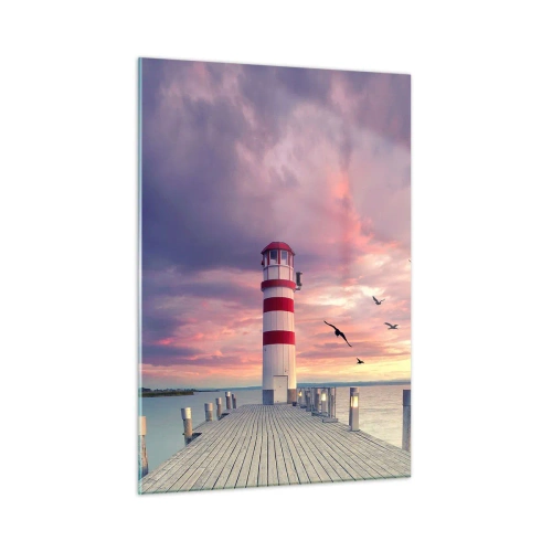 Quadro su vetro - Faro sul molo al tramonto con uccelli che volano - 50x70cm - Tempo di tornare in porto - Decorazione murale moderna per soggiorno e camera da letto ARTTOR