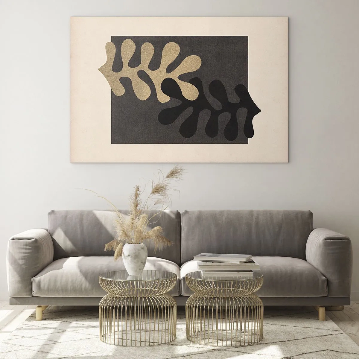 Quadro su vetro - Forme astratte in nero e beige su uno sfondo geometrico - 70x50cm - Assenza e completamento - Decorazione murale moderna per soggiorno e camera da letto ARTTOR