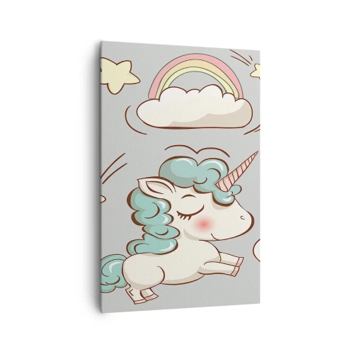 Quadro su tela - Stampe su Tela - Simpatici unicorni su sfondo pastello - 80x120cm - Sicuramente esistono… - Decorazione murale moderna per soggiorno e camera da letto ARTTOR
