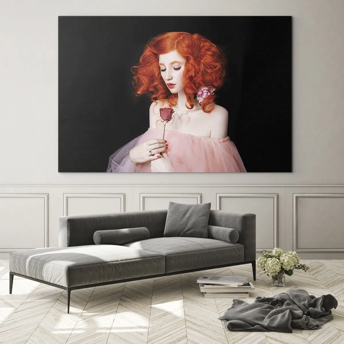 Quadro su vetro - Ritratto di una donna con i capelli rossi e una rosa su uno sfondo scuro - 100x70cm - In stile barocco - Decorazione murale moderna per soggiorno e camera da letto ARTTOR