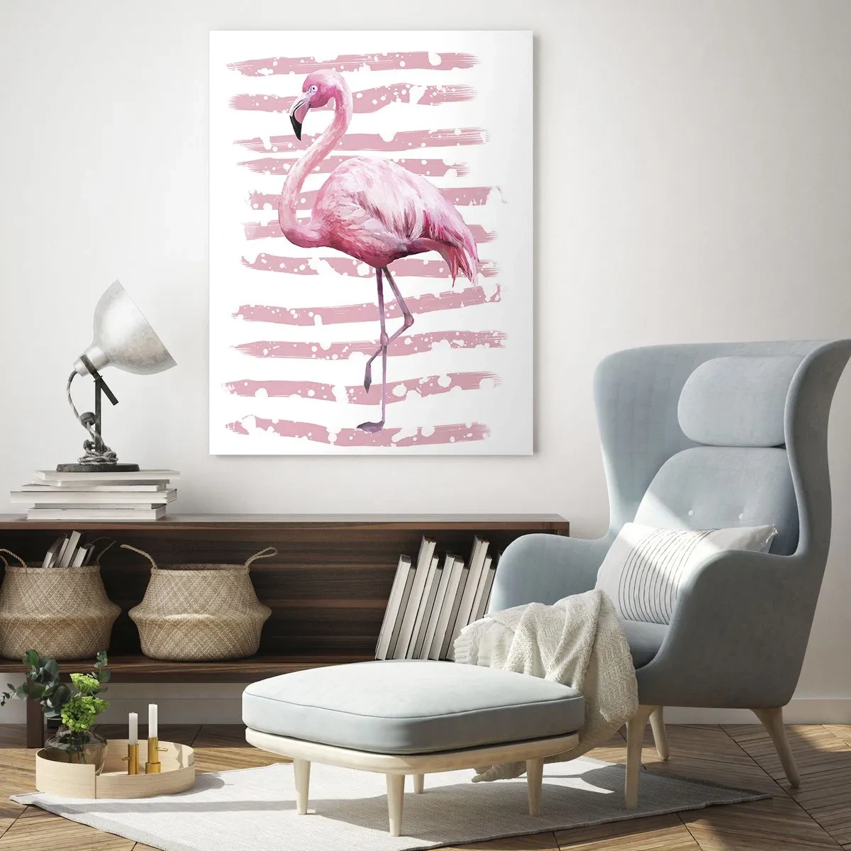 Quadro su vetro - Un fenicottero rosa su uno sfondo di artistiche strisce rosa. - 50x70cm - Con dignità, sebbene in rosa - Decorazione murale moderna per soggiorno e camera da letto ARTTOR