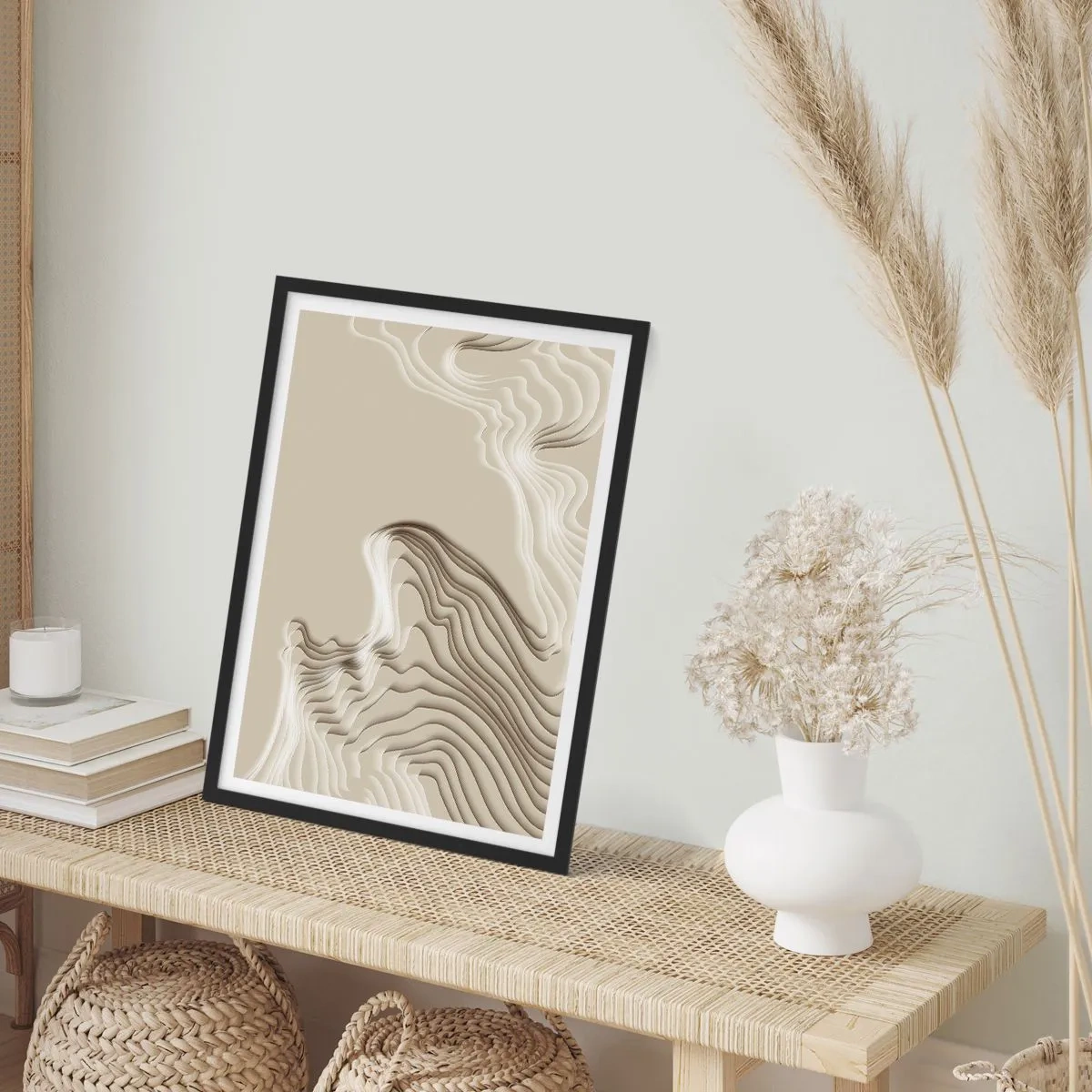 Poster in cornice nera - Onde stratificate nei toni del beige e del marrone - 50x70cm - La topografia dell'arte - Decorazione murale moderna per soggiorno e camera da letto ARTTOR