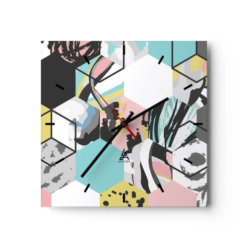 Orologio da parete - Orologio in Vetro - Esagoni e cubi in sei tonalità - 40x40 cm