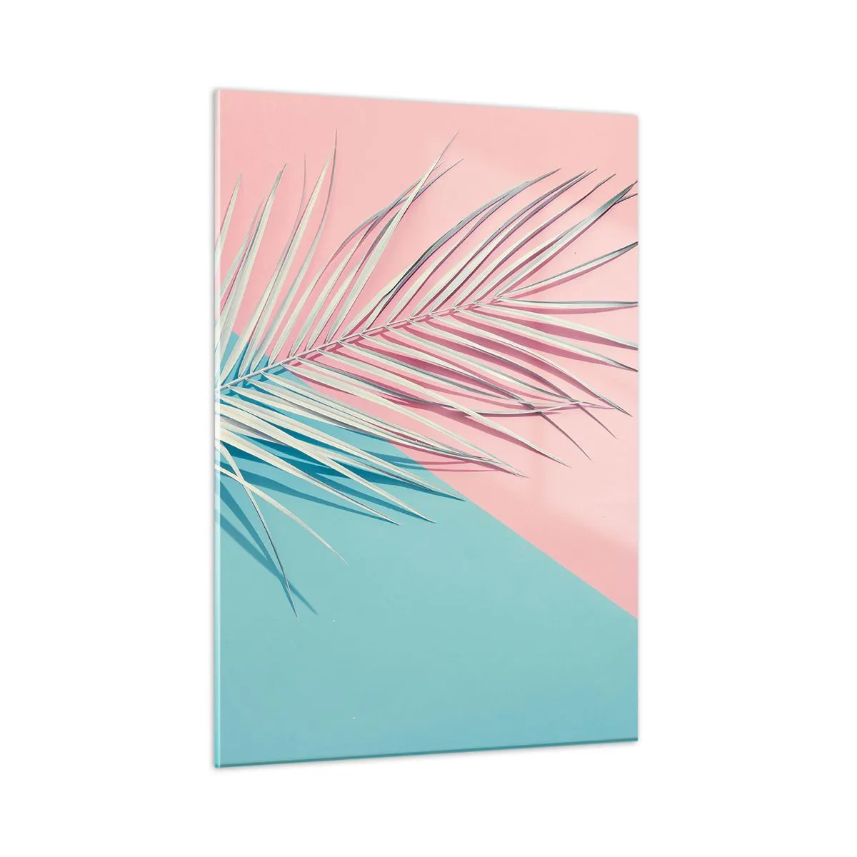Quadro su vetro - Una foglia di palma su uno sfondo pastello in una composizione geometrica - 50x70cm - Impressione tropicale - Decorazione murale moderna per soggiorno e camera da letto ARTTOR