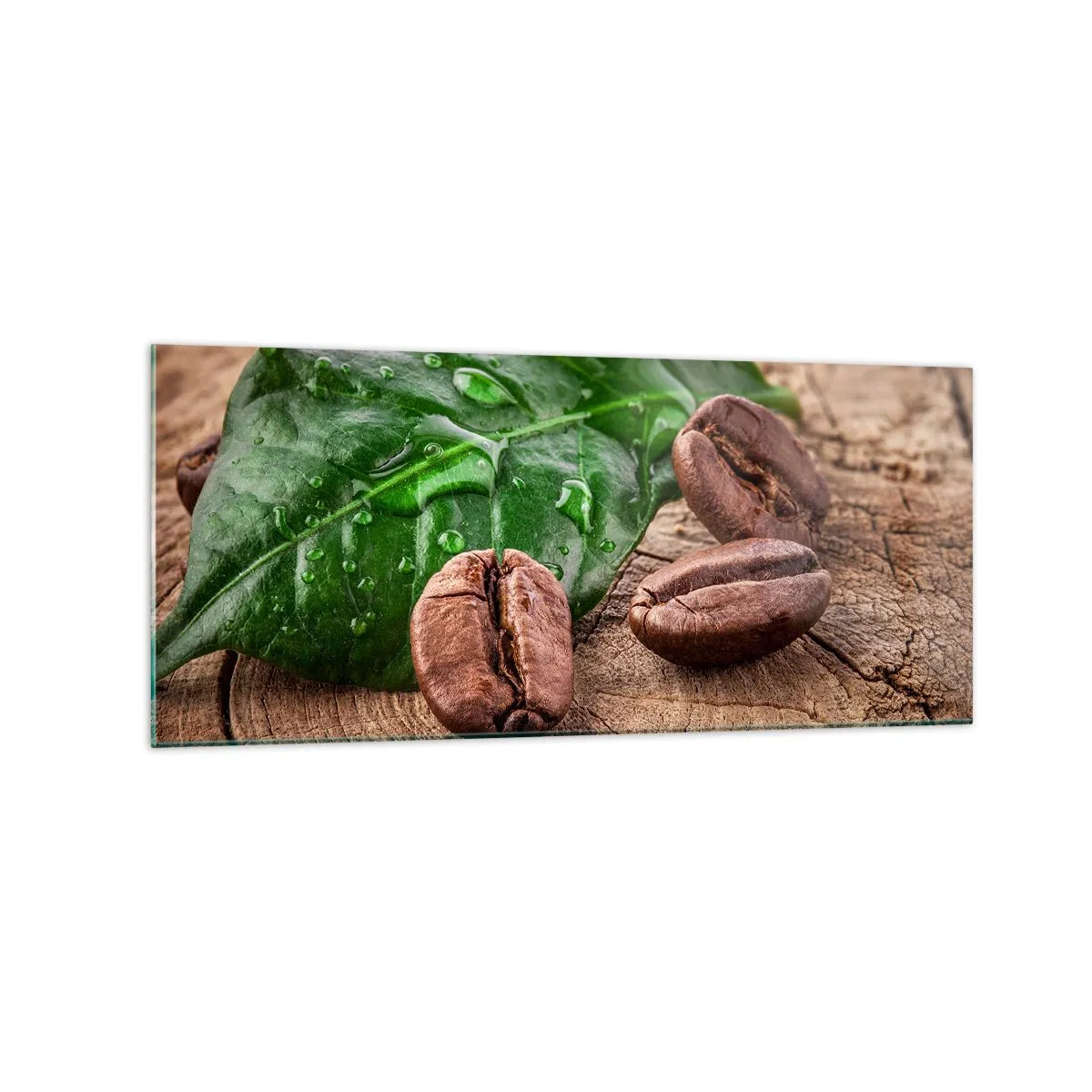 Quadro su vetro - Chicchi di caffè e foglia verde su uno sfondo di legno - 120x50cm - Nero e autentico - Decorazione murale moderna per soggiorno e camera da letto ARTTOR