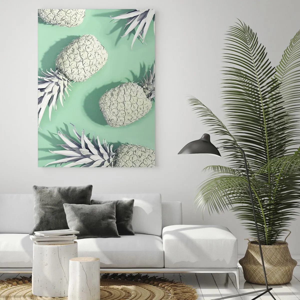 Quadro su vetro - Ananas bianchi su sfondo menta in una composizione artistica - 50x70cm - Perfettamente adatti alla menta - Decorazione murale moderna per soggiorno e camera da letto ARTTOR