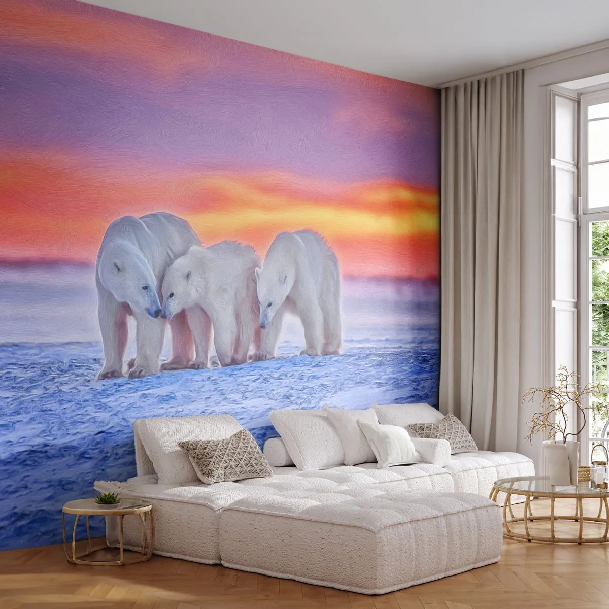 Fotomurali Autoadesivo Deluxe Sticker - Basta il calore della famiglia - Animali, Orso polare, Nevicare - 500x350 cm
