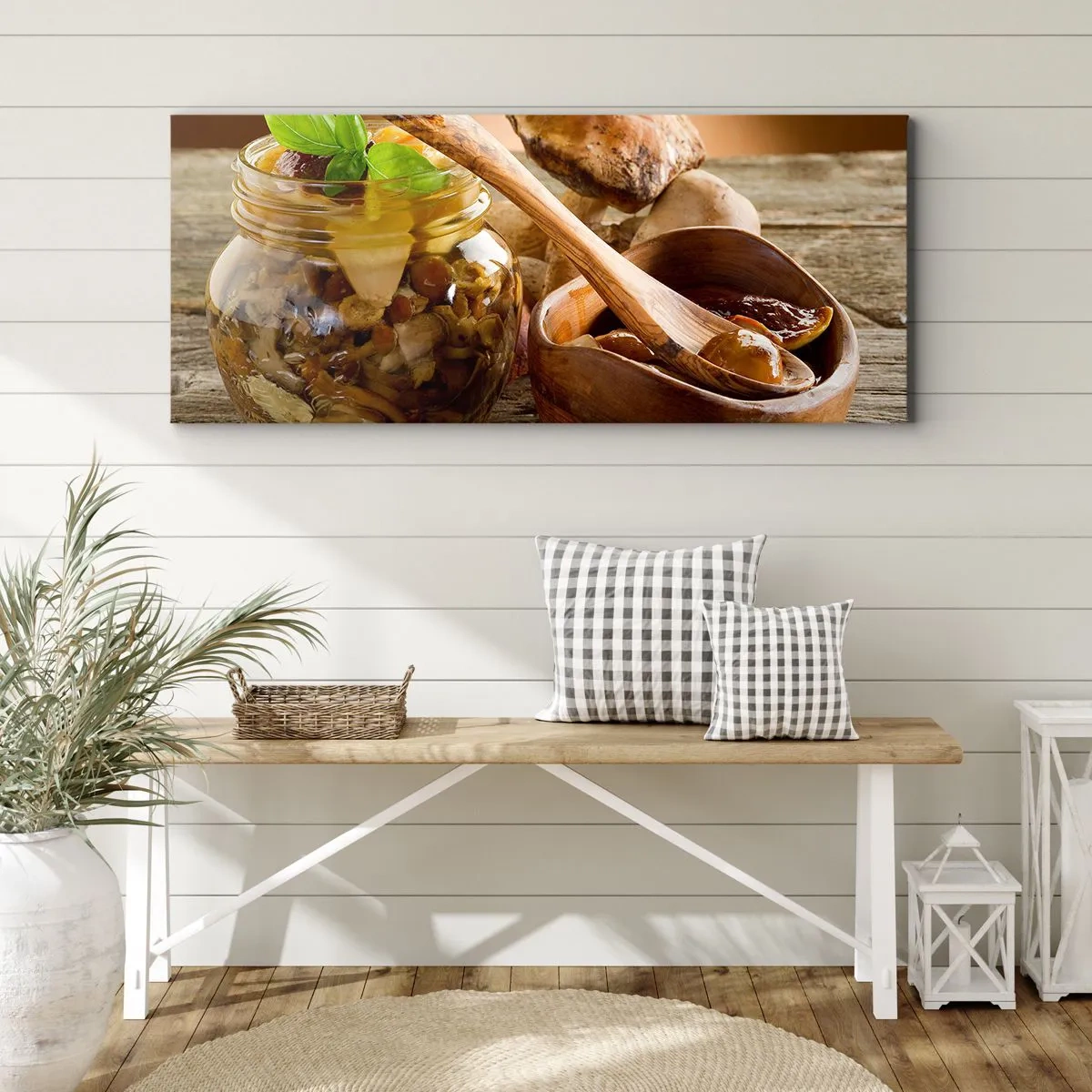 Quadro su tela - Stampe su Tela - Funghi naturali in un barattolo su un tavolo rustico - 160x50cm - Freschi, conservati, autunnali... - Decorazione murale moderna per soggiorno e camera da letto ARTTOR