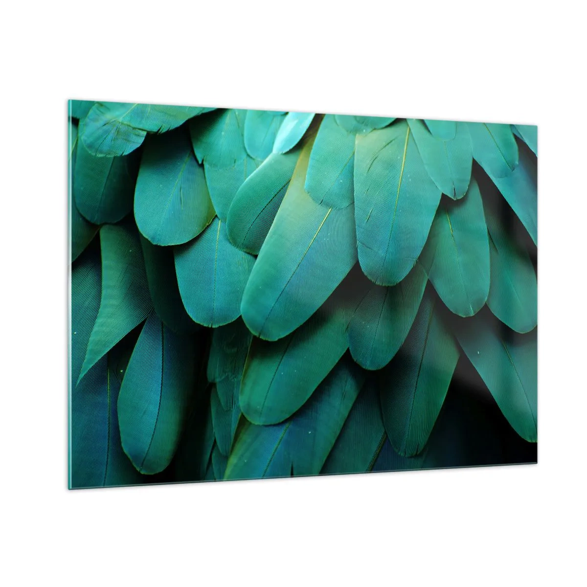 Quadro su vetro - Primo piano delle piume di un pappagallo di un verde intenso. - 100x70cm - Precisione da pappagallo - Decorazione murale moderna per soggiorno e camera da letto ARTTOR