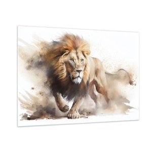 Quadro su vetro - Uno scatto dinamico in stile acquerello di un leone che corre - 100x70cm - Il re si è mosso - Decorazione murale moderna per soggiorno e camera da letto ARTTOR