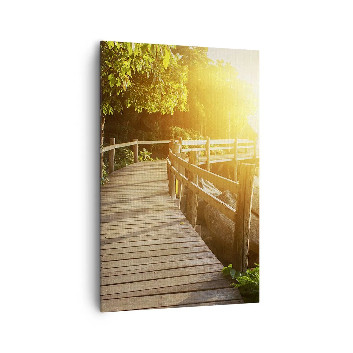 Quadro su tela - Stampe su Tela - Un ponte di legno tra il verde che conduce al mare sotto i raggi del sole - 80x120cm - Altra curva, altre meraviglie - Decorazione murale moderna per soggiorno e camera da letto ARTTOR