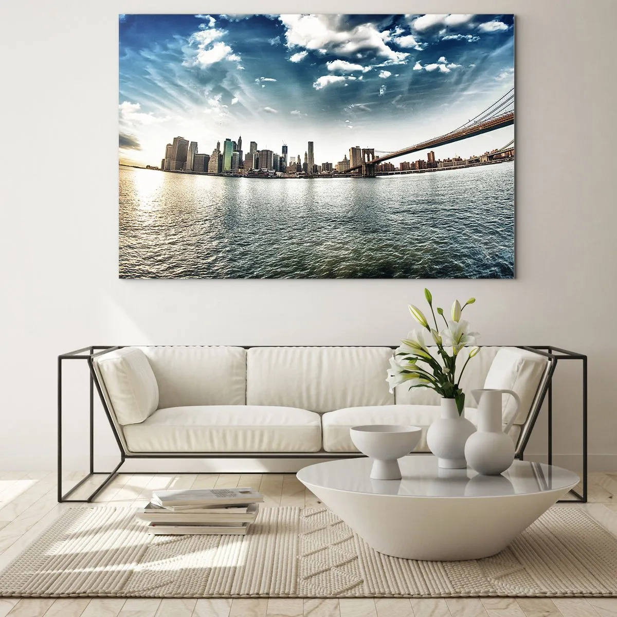 Quadro su vetro - Panorama di New York City con il ponte di Brooklyn - 100x70cm - L'isola di vetro - Decorazione murale moderna per soggiorno e camera da letto ARTTOR