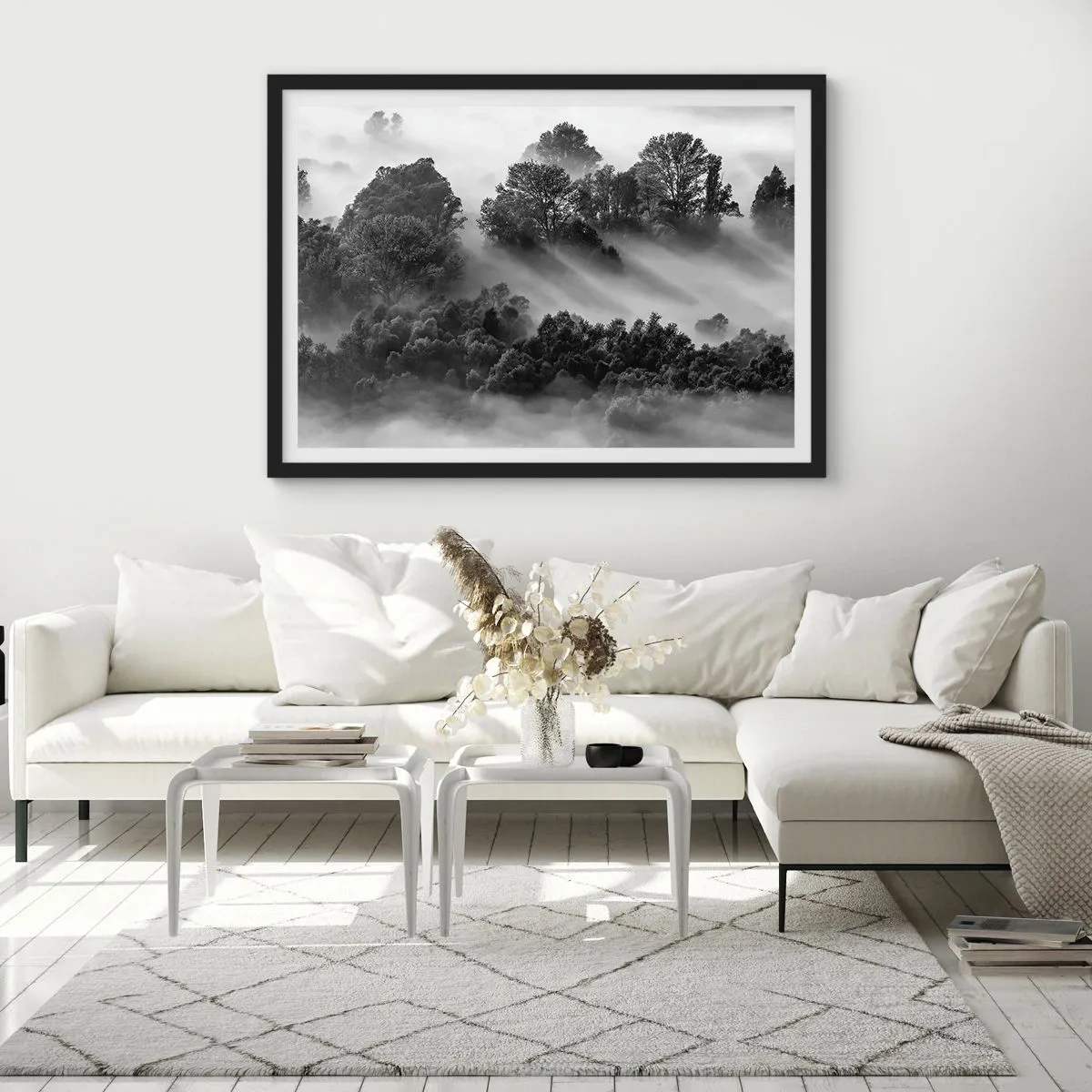 Poster in cornice nera - Paesaggio forestale in bianco e nero nella nebbia mattutina - 70x50cm - Risveglio dal sonno - Decorazione murale moderna per soggiorno e camera da letto ARTTOR