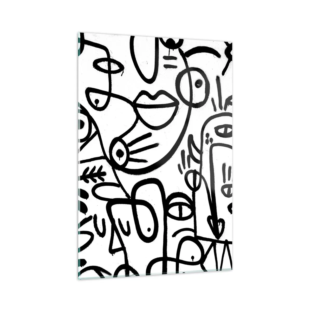 Quadro su vetro - Astrazione in bianco e nero con occhi, volti e linee - 50x70cm - Volti e miraggi - Decorazione murale moderna per soggiorno e camera da letto ARTTOR