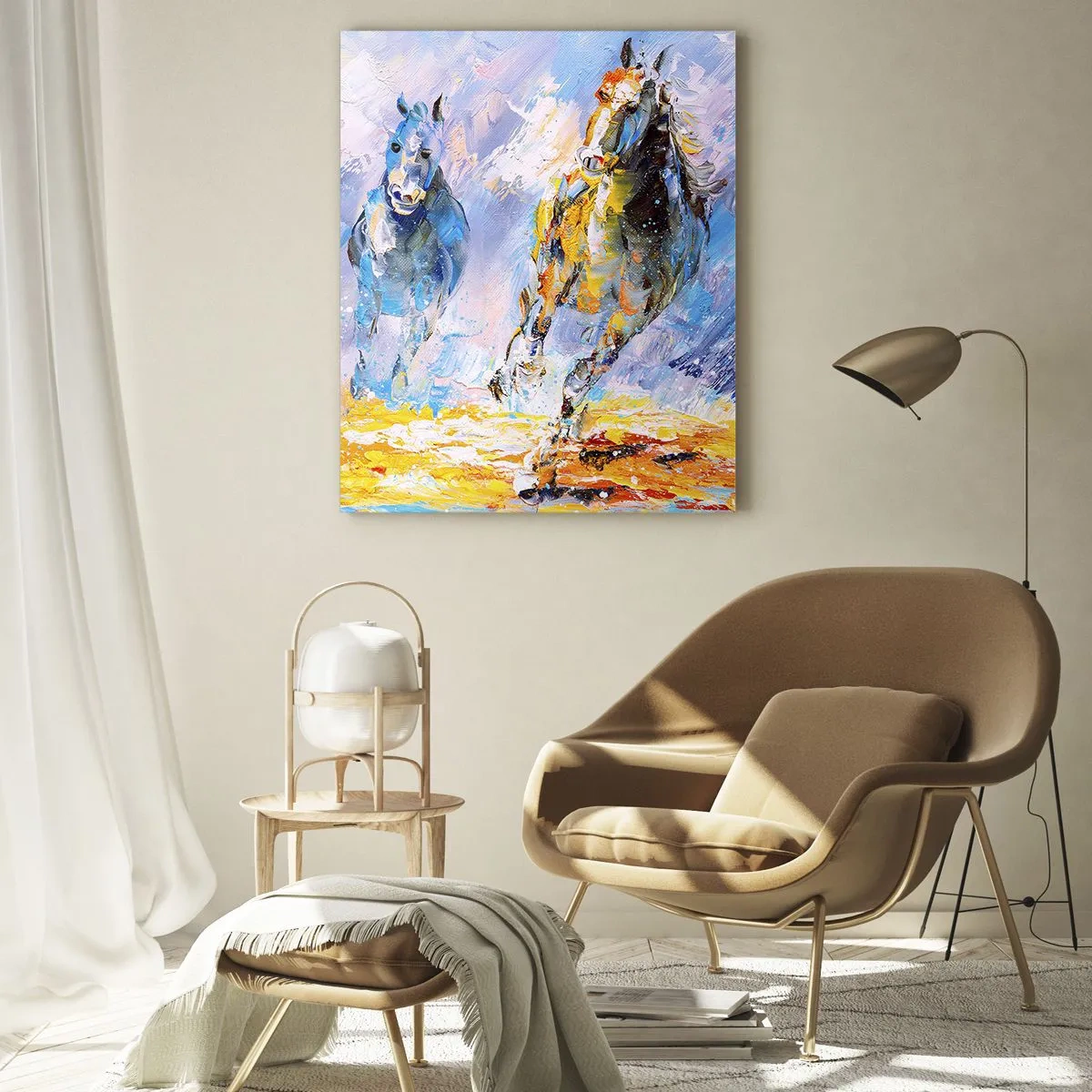 Quadro su vetro - Due cavalli in movimento sullo sfondo di un paesaggio astratto - 70x100cm - Al galoppo nella luce - Decorazione murale moderna per soggiorno e camera da letto ARTTOR