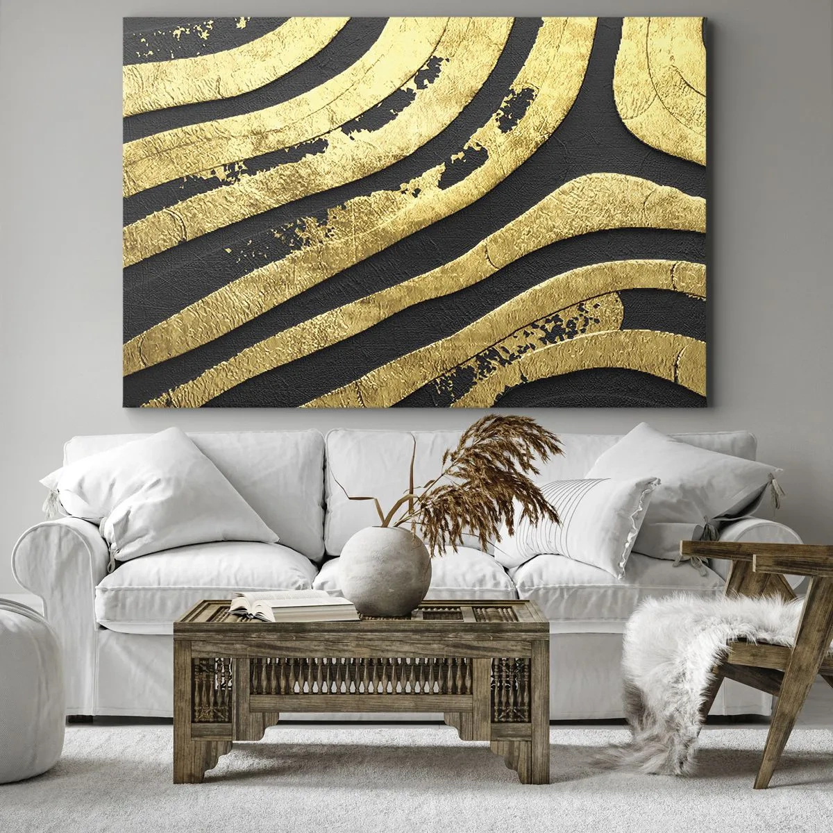 Quadro su tela - Stampe su Tela - Onde astratte dorate su sfondo nero - 70x50cm - Tutto scorre - Decorazione murale moderna per soggiorno e camera da letto ARTTOR