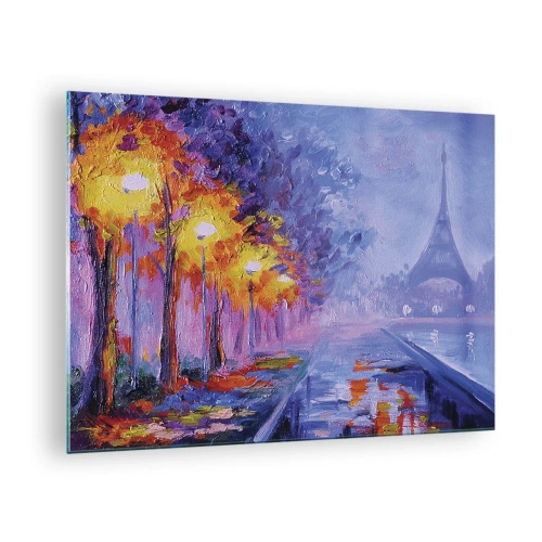 Quadro su vetro - Passeggiata serale a Parigi con la Torre Eiffel - 70x50cm - Passeggiata da sogno - Decorazione murale moderna per soggiorno e camera da letto ARTTOR