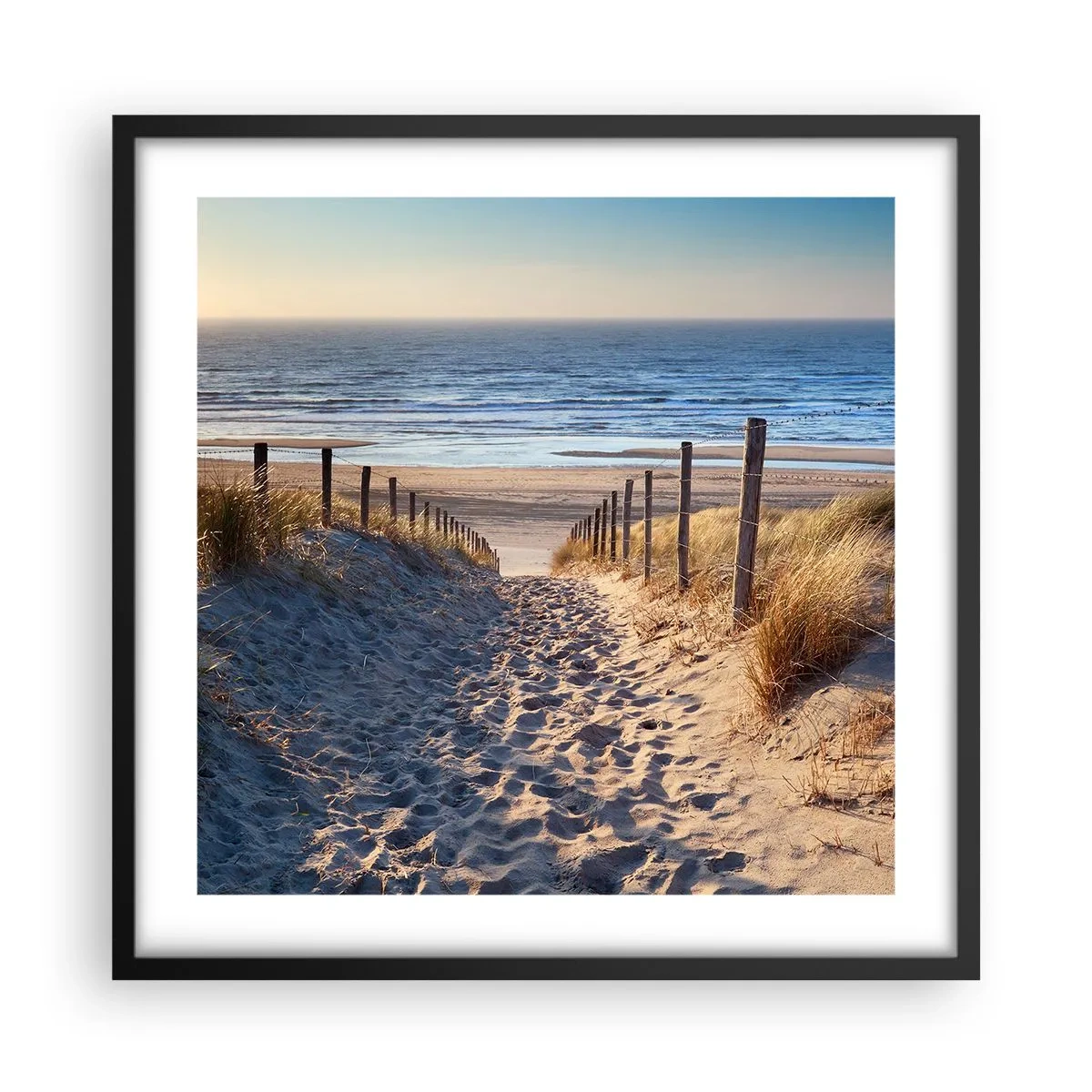 Poster in cornice nera - Rumore del mare, uccelli che cantano, spiaggia selvatica tra i cespugli... - 50x50 cm