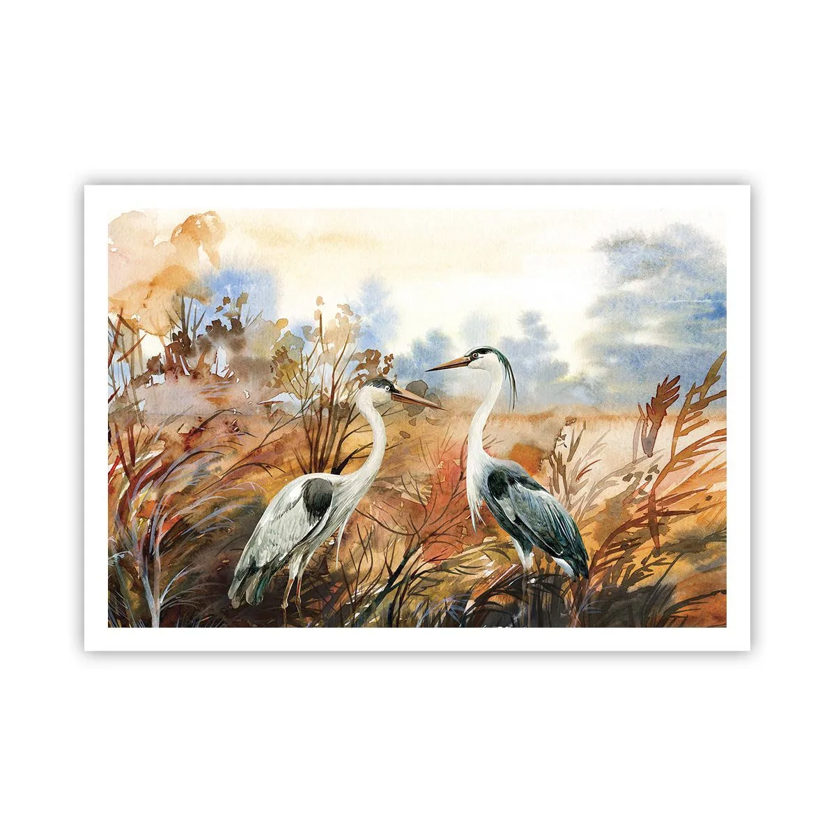 Poster - Due aironi sullo sfondo di un paesaggio autunnale - 100x70cm - Dove in autunno? - Decorazione murale moderna per soggiorno e camera da letto ARTTOR