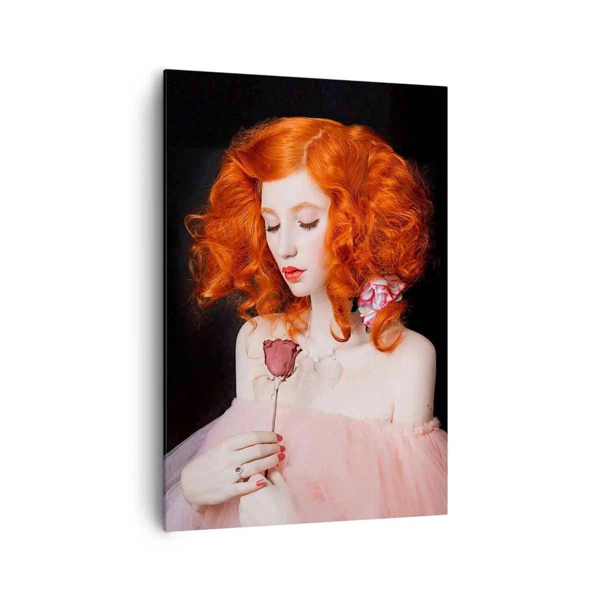 Quadro su tela - Stampe su Tela - Una donna con i capelli rossi che tiene una rosa - 70x100cm - In stile barocco - Decorazione murale moderna per soggiorno e camera da letto ARTTOR