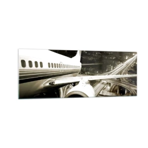 Quadro su vetro - Un aereo sopra una città notturna con autostrade illuminate - 140x50cm - Volare di notte - Decorazione murale moderna per soggiorno e camera da letto ARTTOR