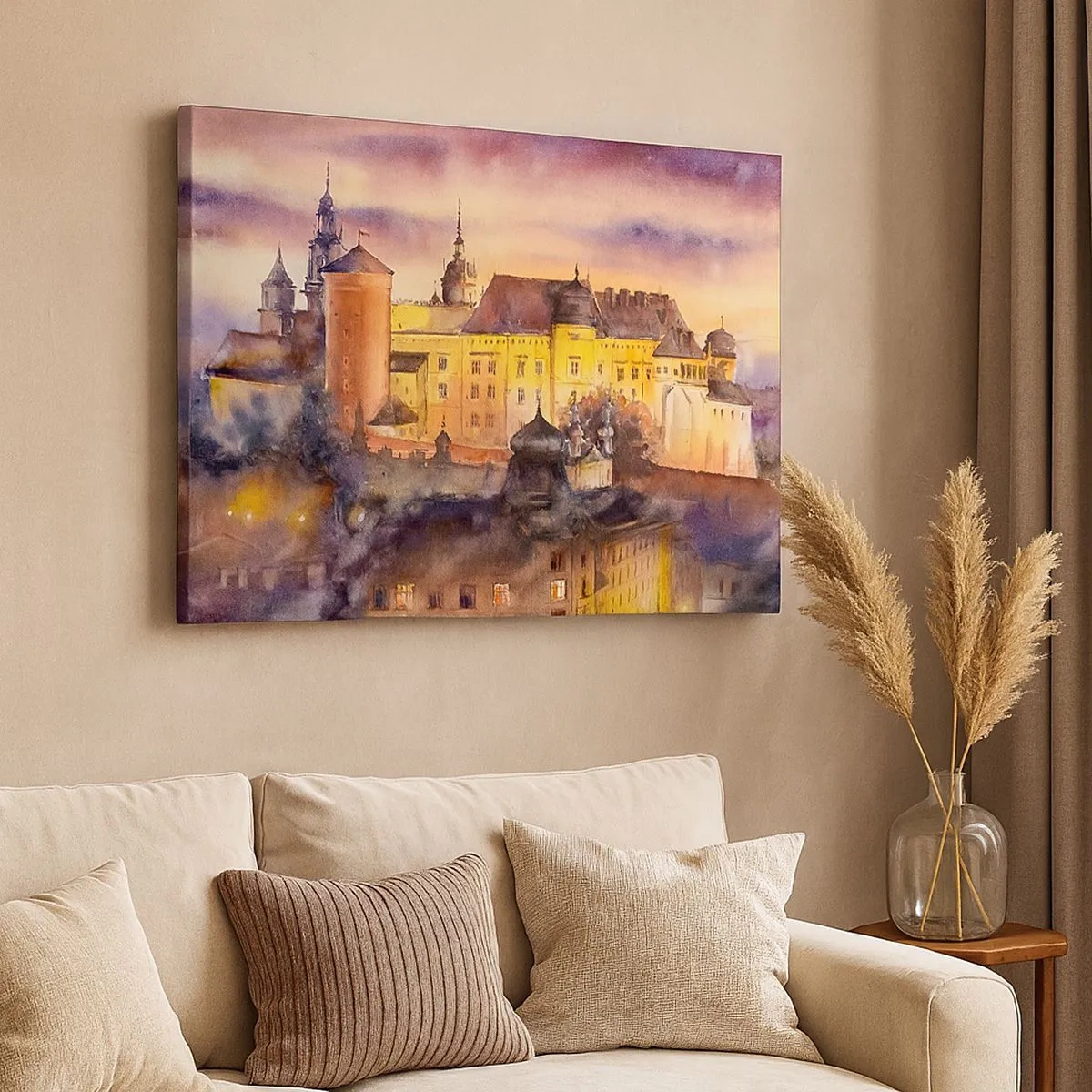 Quadro su tela - Stampe su Tela - Un pittoresco dipinto ad acquerello di un castello al tramonto - 70x50cm - Storia e fiaba - Decorazione murale moderna per soggiorno e camera da letto ARTTOR
