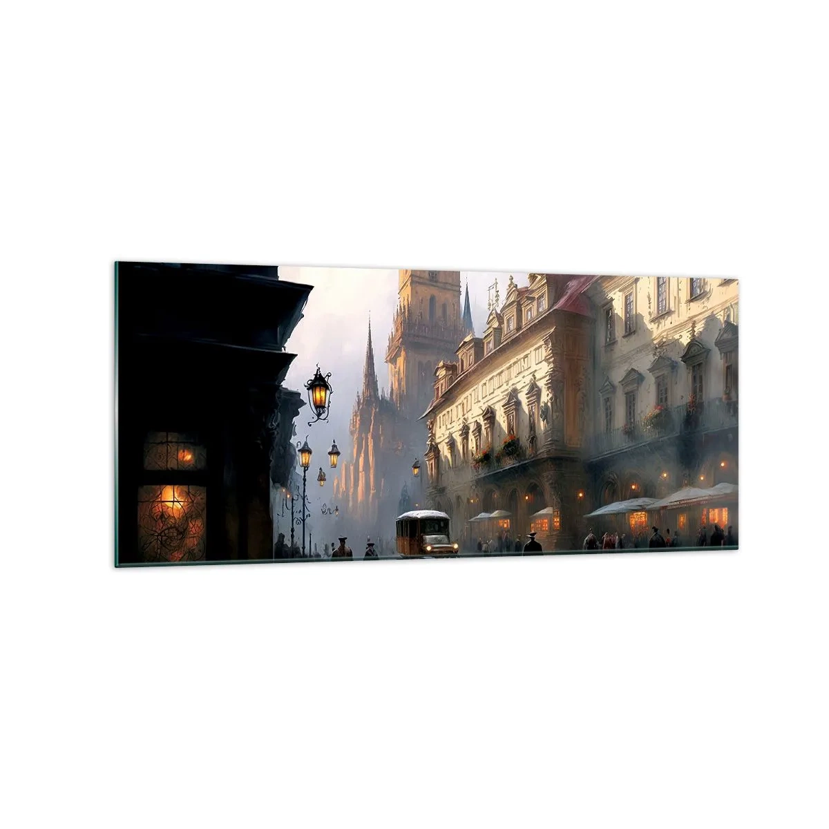 Quadro su vetro - Scena di strada serale con architettura storica - 120x50cm - Il fascino delle sere di Praga - Decorazione murale moderna per soggiorno e camera da letto ARTTOR
