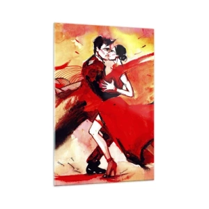 Quadro su vetro - Una coppia che balla il tango nei toni del rosso su uno sfondo dinamico. - 70x100cm - Il ritmo porpora della passione - Decorazione murale moderna per soggiorno e camera da letto ARTTOR