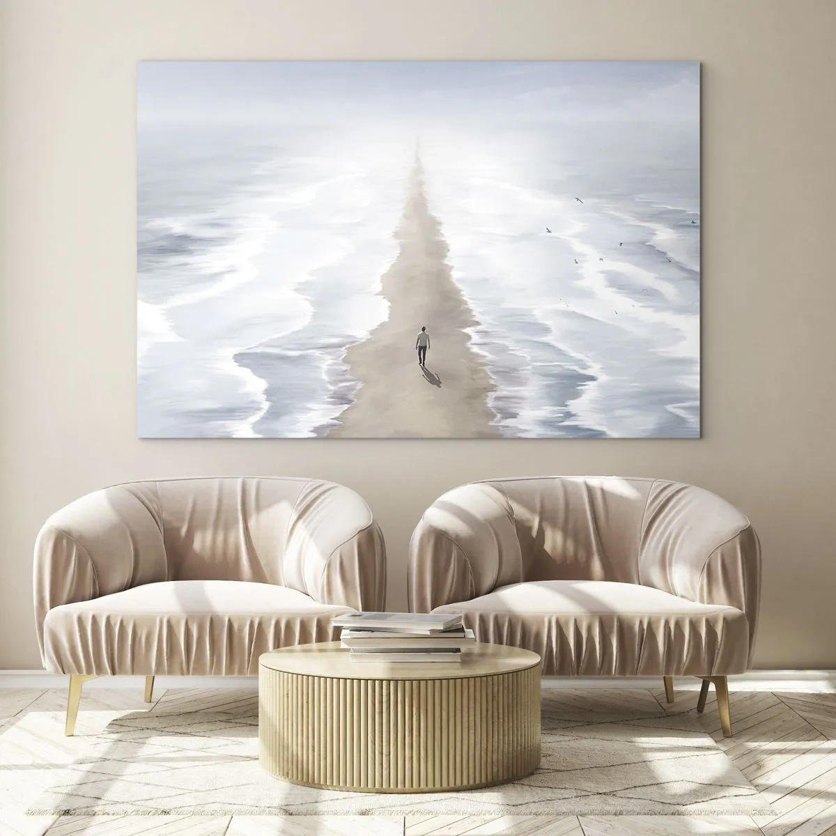 Quadro su vetro - Una figura che cammina da sola verso l'orizzonte tra le onde - 70x50cm - Un futuro luminoso - Decorazione murale moderna per soggiorno e camera da letto ARTTOR