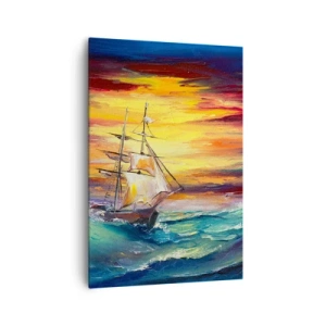 Quadro su tela - Stampe su Tela - Una nave a vela sullo sfondo di un tramonto colorato - 70x100cm - Temerari sulle onde - Decorazione murale moderna per soggiorno e camera da letto ARTTOR