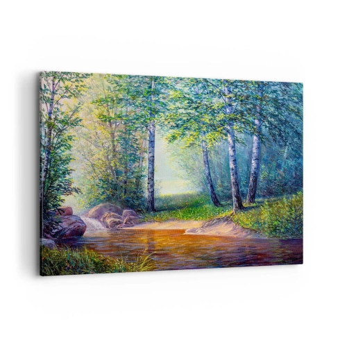 Quadro su tela - Stampe su Tela - Un ruscello nella foresta circondato da betulle e sole - 120x80cm - Scena di beatitudine - Decorazione murale moderna per soggiorno e camera da letto ARTTOR