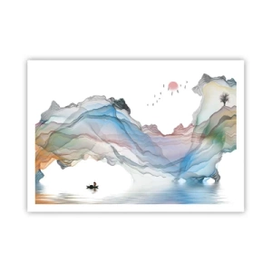 Poster - Un paesaggio delicato con montagne, acqua e una barca - 100x70cm - Verso i monti di cristallo - Decorazione murale moderna per soggiorno e camera da letto ARTTOR