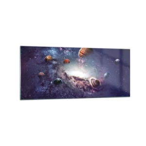 Quadro su vetro - Pianeti in una galassia con una nebulosa sullo sfondo - 120x50cm - Sistema solare danzante - Decorazione murale moderna per soggiorno e camera da letto ARTTOR