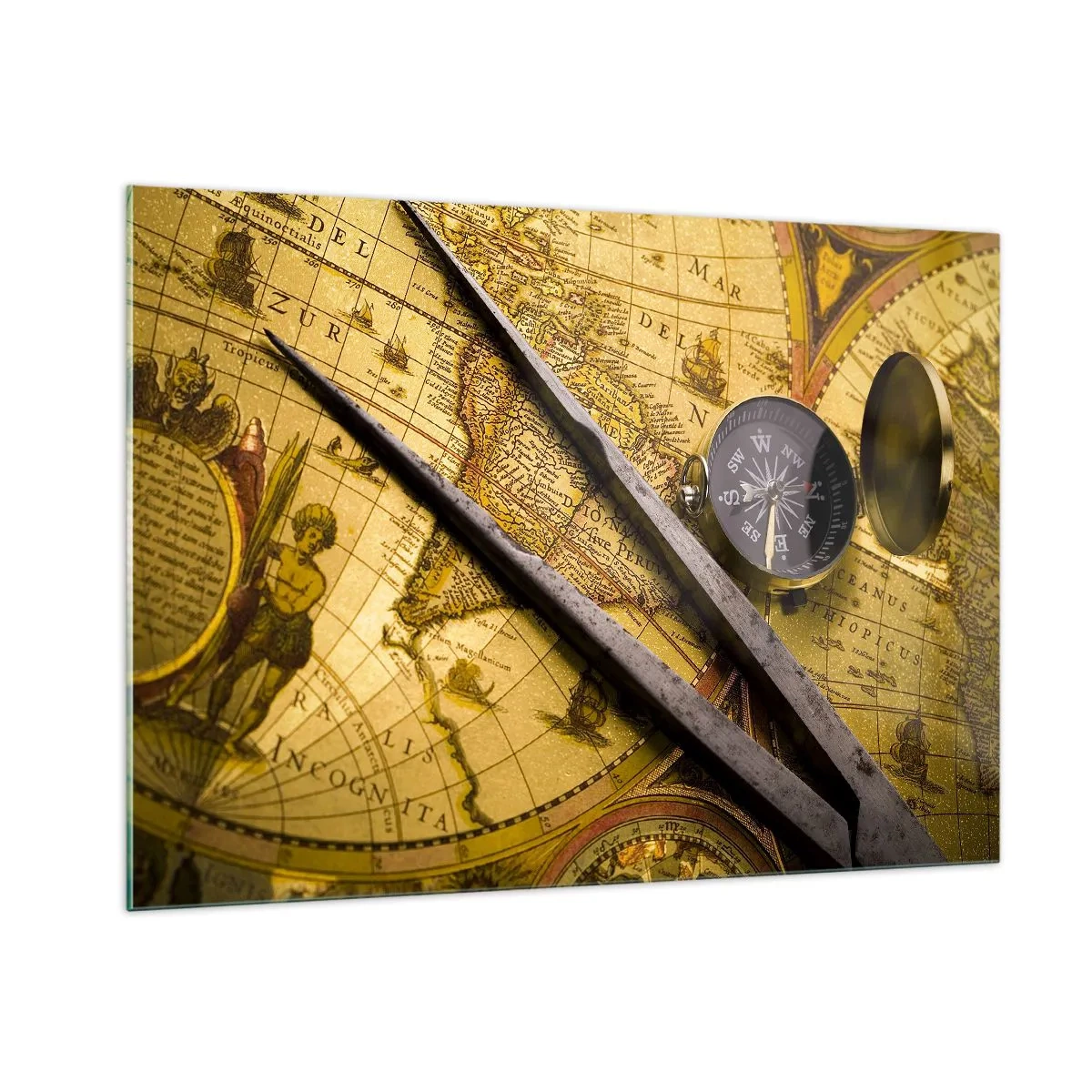 Quadro su vetro - Vecchia mappa con bussola e bussola - 100x70cm - Dove sono questi tesori? - Decorazione murale moderna per soggiorno e camera da letto ARTTOR