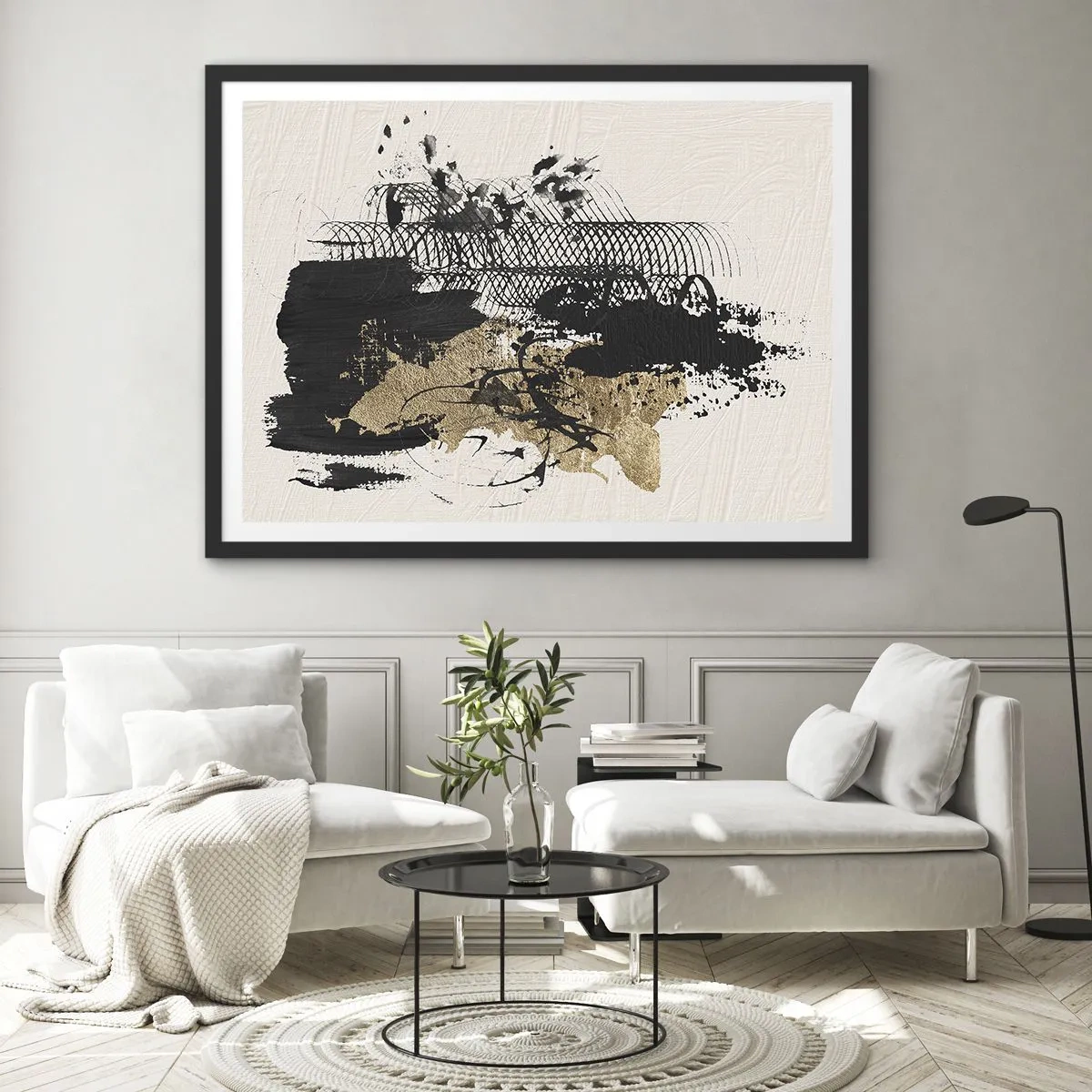 Poster in cornice nera - Un dipinto astratto in nero e oro con linee e strutture dinamiche. - 70x50cm - Composizione con passione - Decorazione murale moderna per soggiorno e camera da letto ARTTOR