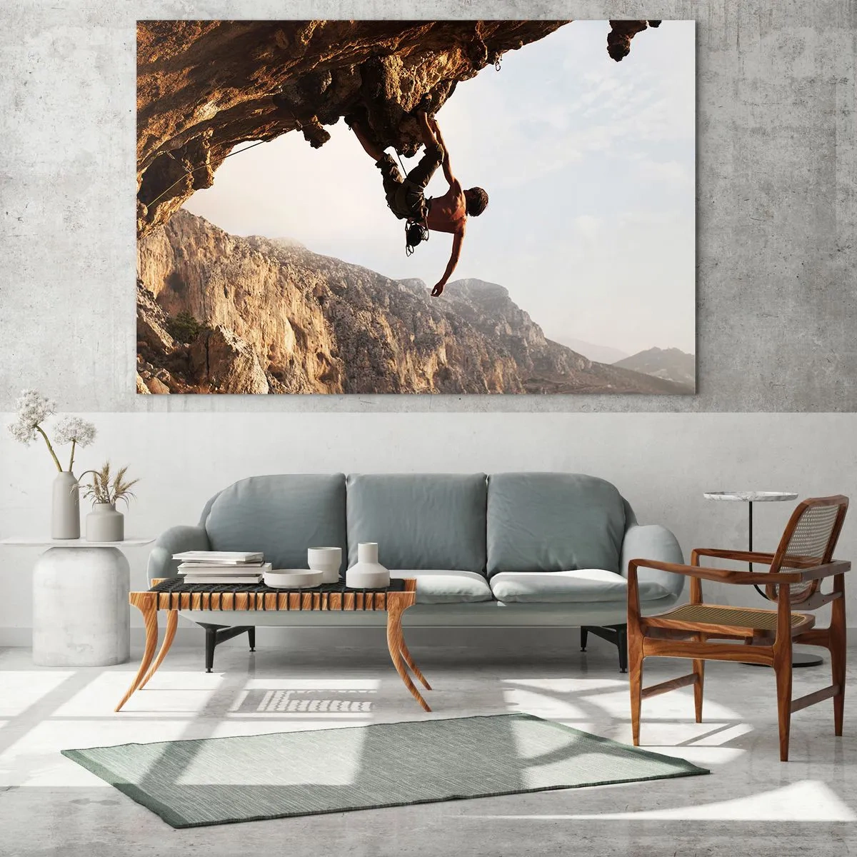 Quadro su vetro - Scalare una roccia verticale in un paesaggio montano - 120x80cm - Il mondo ristretto in una mano sul bordo del masso - Decorazione murale moderna per soggiorno e camera da letto ARTTOR