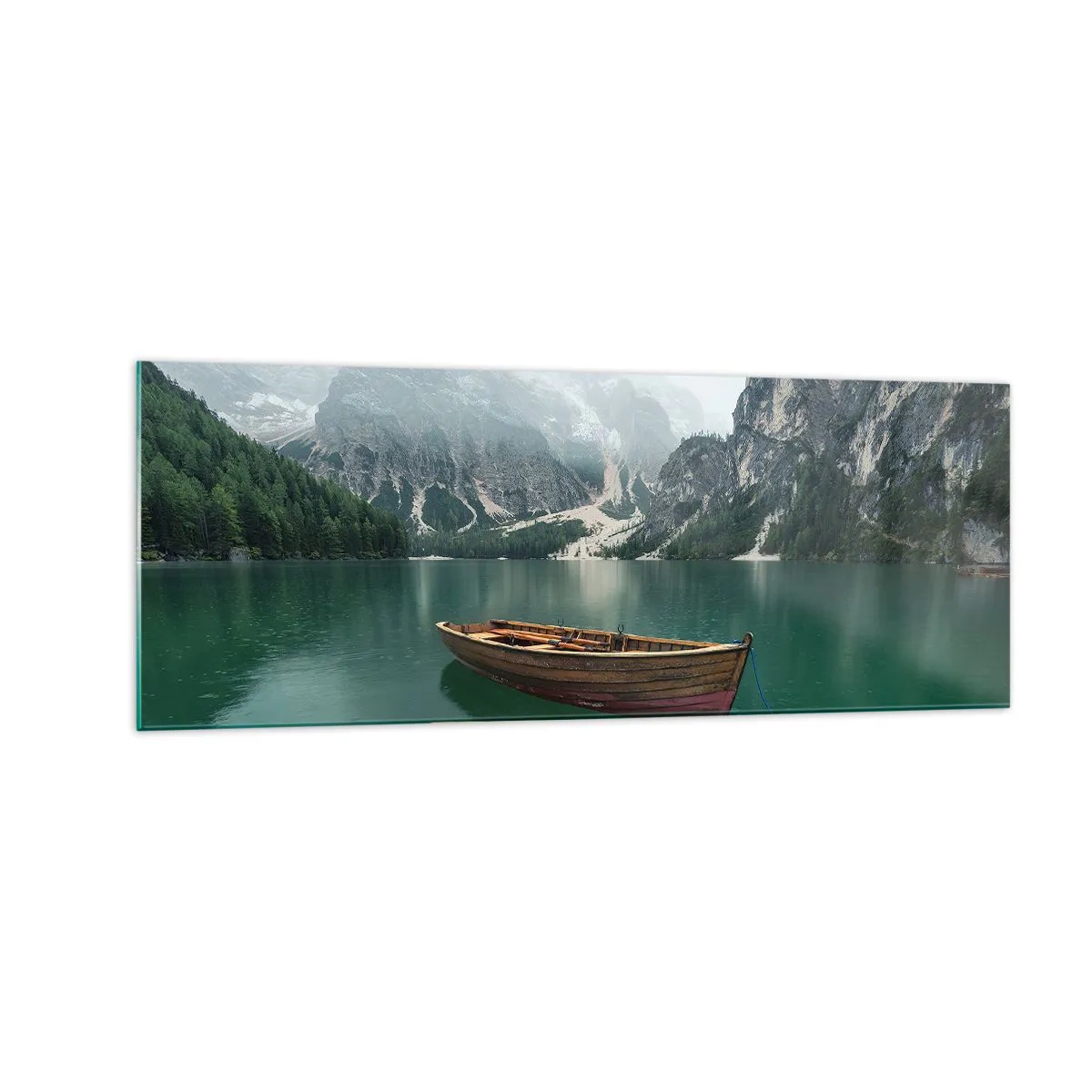 Quadro su vetro - Una barca di legno su un molo su un lago circondato da montagne - 140x50cm - E attorno le fiere rocce - Decorazione murale moderna per soggiorno e camera da letto ARTTOR
